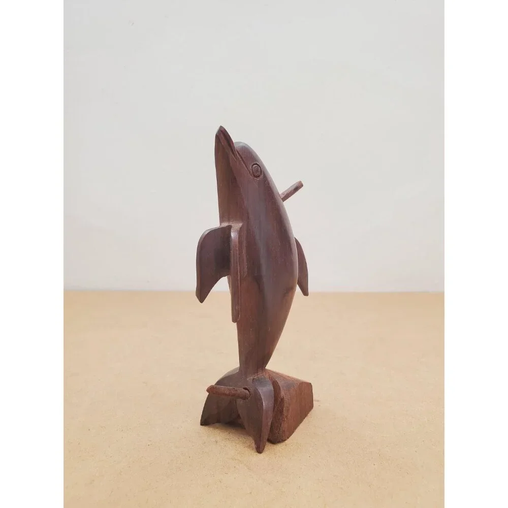 Vintage Hardwood Dolphin Statue Wood Carving, Rustic Nautical Beach Home Decor - Picture 3 of 15